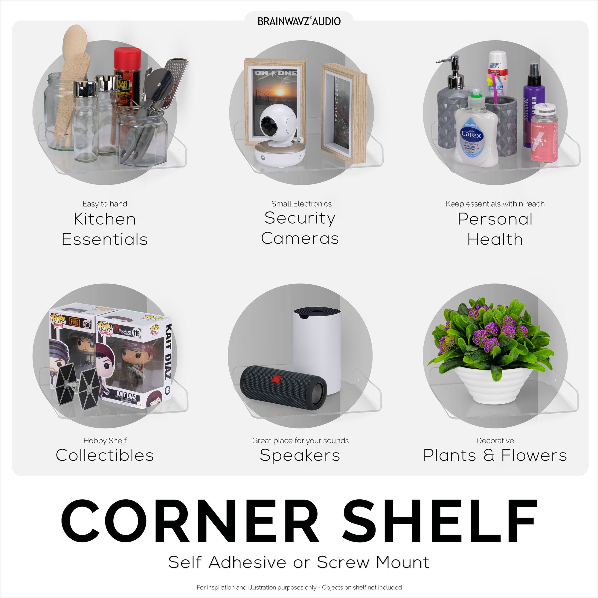 2-Pack 9.5” Small Corner Shelf Wall Mount for Baby Monitors, Cameras, Speakers, Sonos, Decor, Plants, Photos, Kitchen, Bathroom, Routers, Cable Box &amp; More Universal Holder Acrylic Floating Shelves