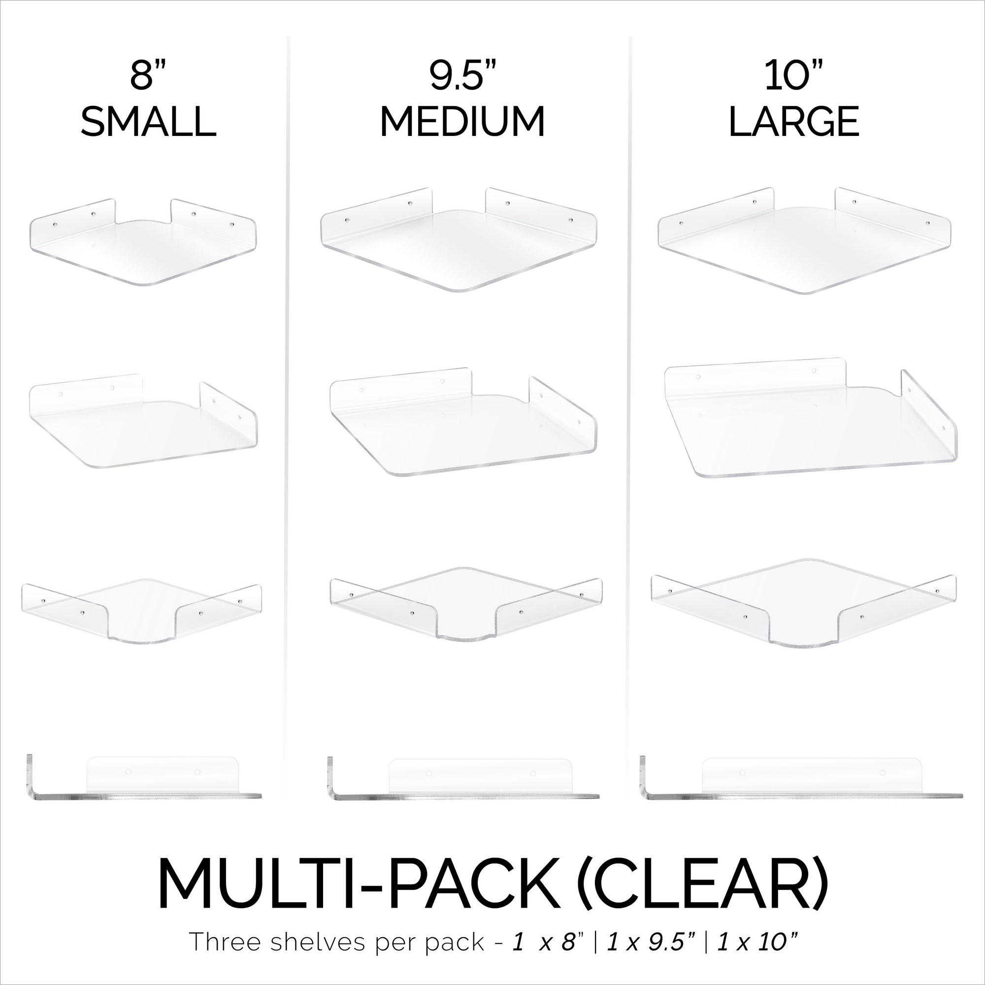 3-Pack Mixed Size Corner Shelf (8” 9.5” &amp; 10”) for Speakers, Books, Decor, Plants, Cameras, Photos, Kitchen, Bathroom, Routers &amp; More Universal Small Holder Acrylic Wall Shelves