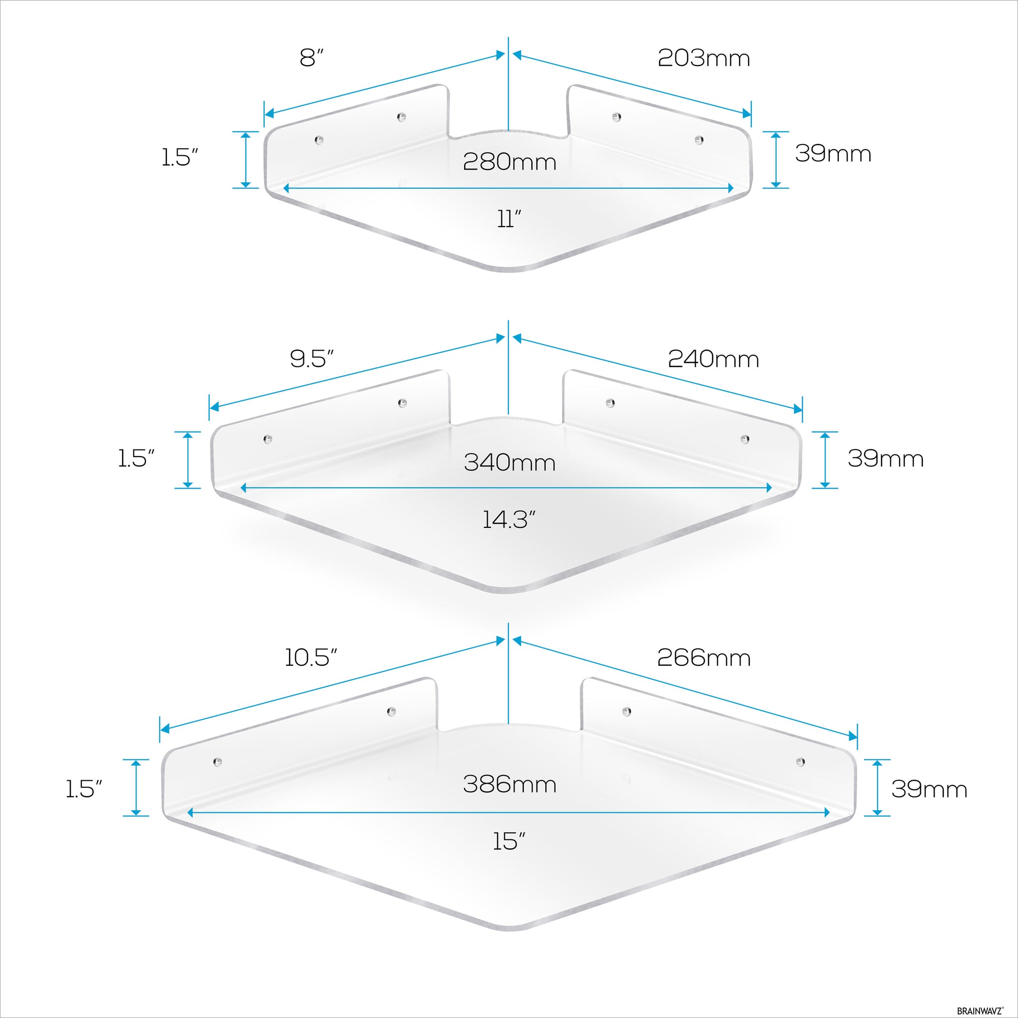 3-Pack Mixed Size Corner Shelf (8” 9.5” &amp; 10”) for Speakers, Books, Decor, Plants, Cameras, Photos, Kitchen, Bathroom, Routers &amp; More Universal Small Holder Acrylic Wall Shelves