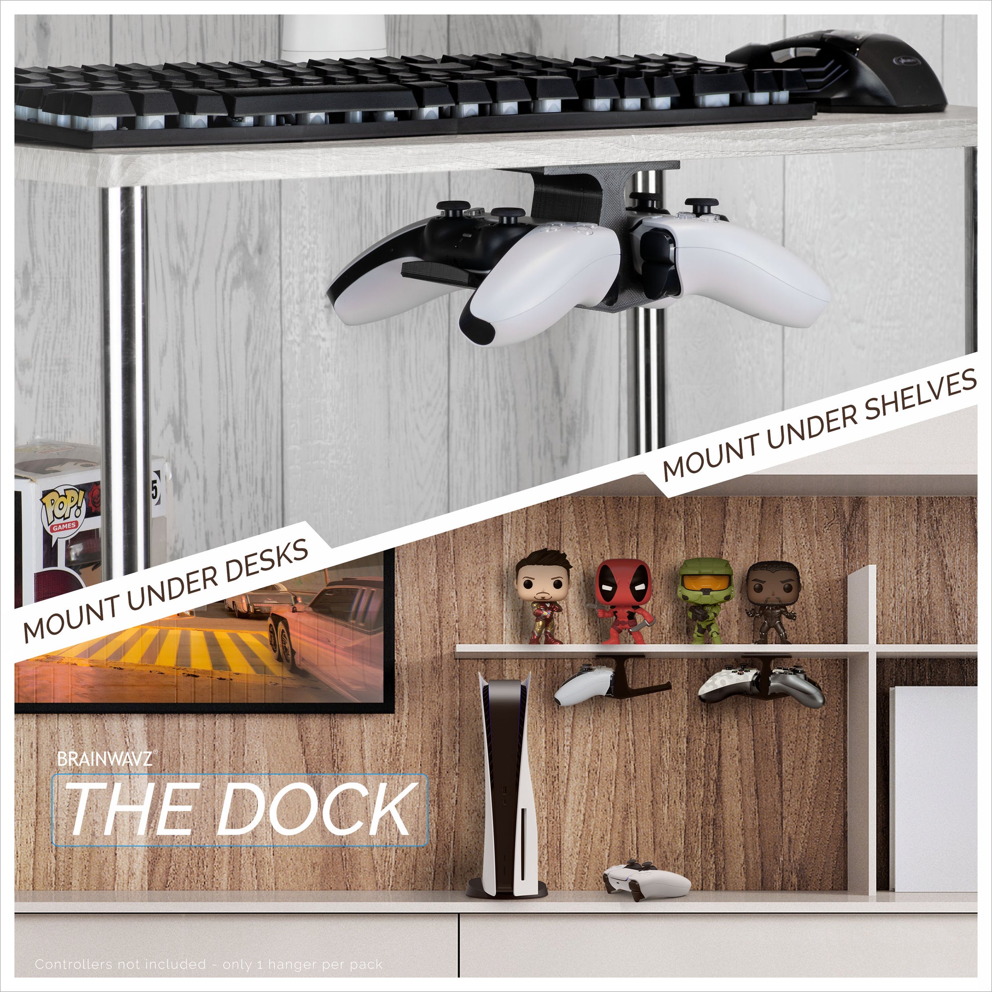 The Dock - Dual Under Desk Game Controller Hanger for Xbox, PS5/PS4, Universal Mount, No Mess &amp; Easy to Install