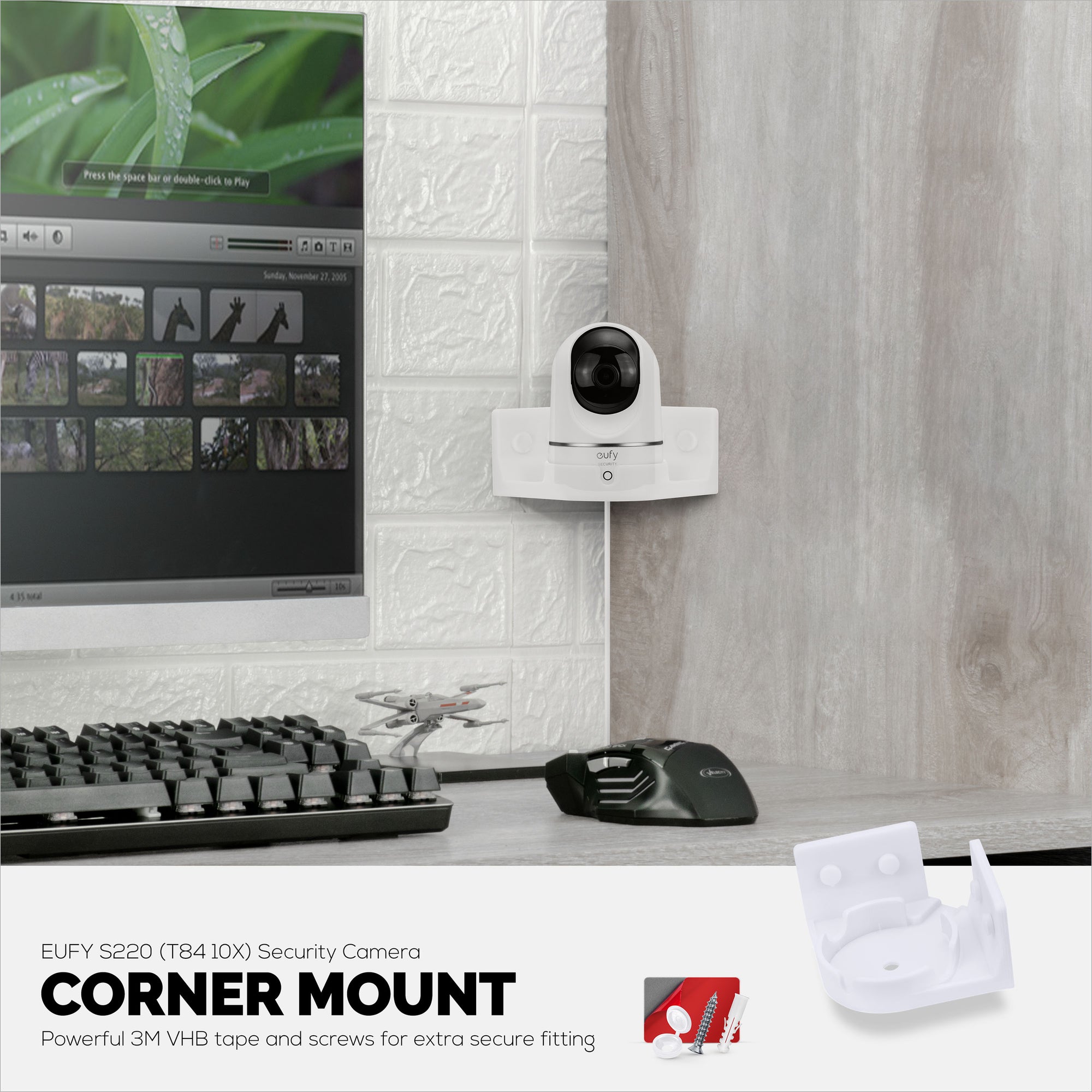 Corner Wall Mount Eufy T8410X (IndoorCam E220 / S220),  Adhesive Security Camera Holder Bracket, Reduce Blind Spots &amp; Clutter, Adhesive &amp; Screw-In Mounting
