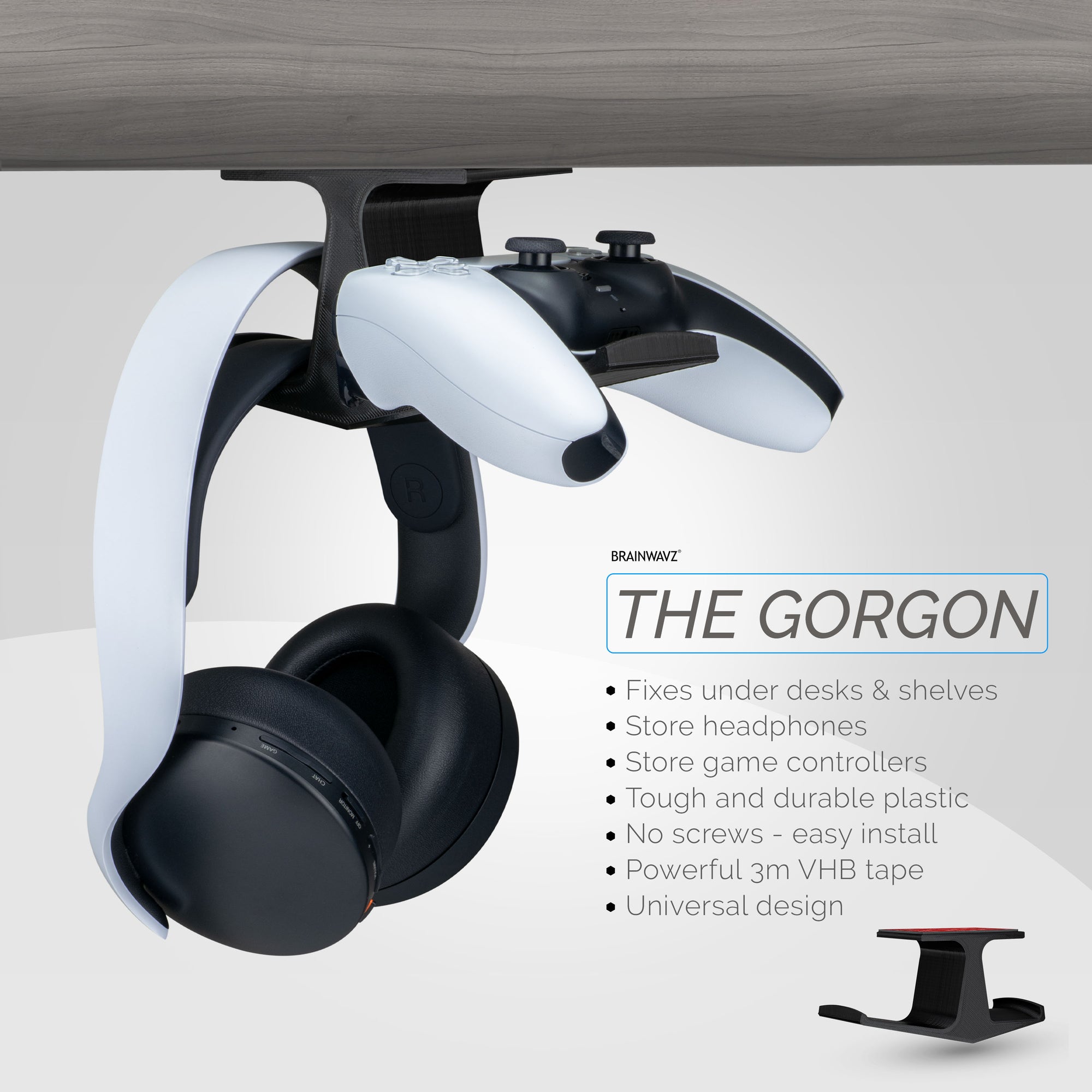 The Gorgon - Under Desk Headphone &amp; Game Controller Hanger Mount - Suitable for Xbox, PS5/PS4, Universal Adhesive Mount, No Screws