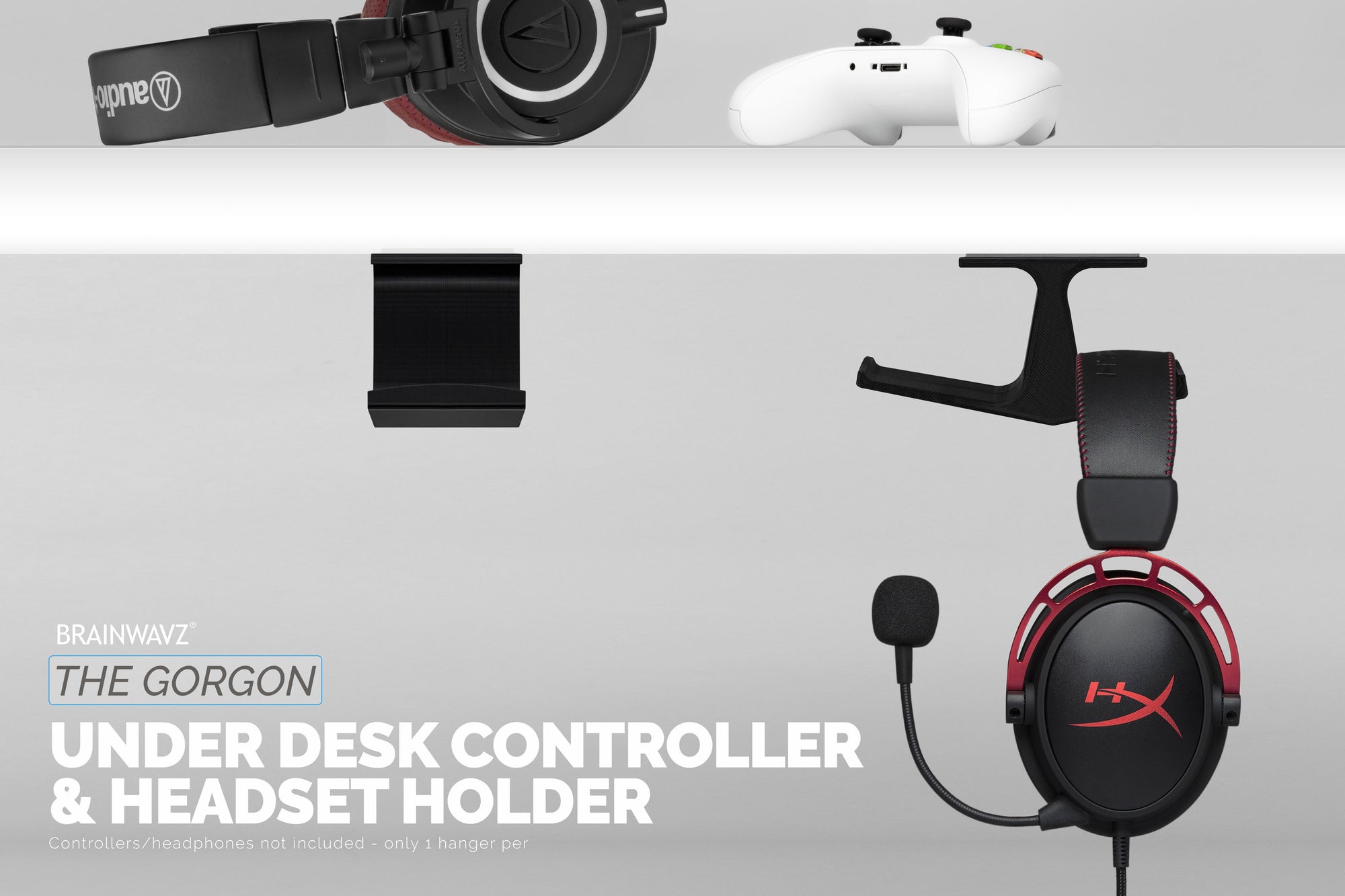 The Gorgon - Under Desk Headphone &amp; Game Controller Hanger Mount - Suitable for Xbox, PS5/PS4, Universal Adhesive Mount, No Screws