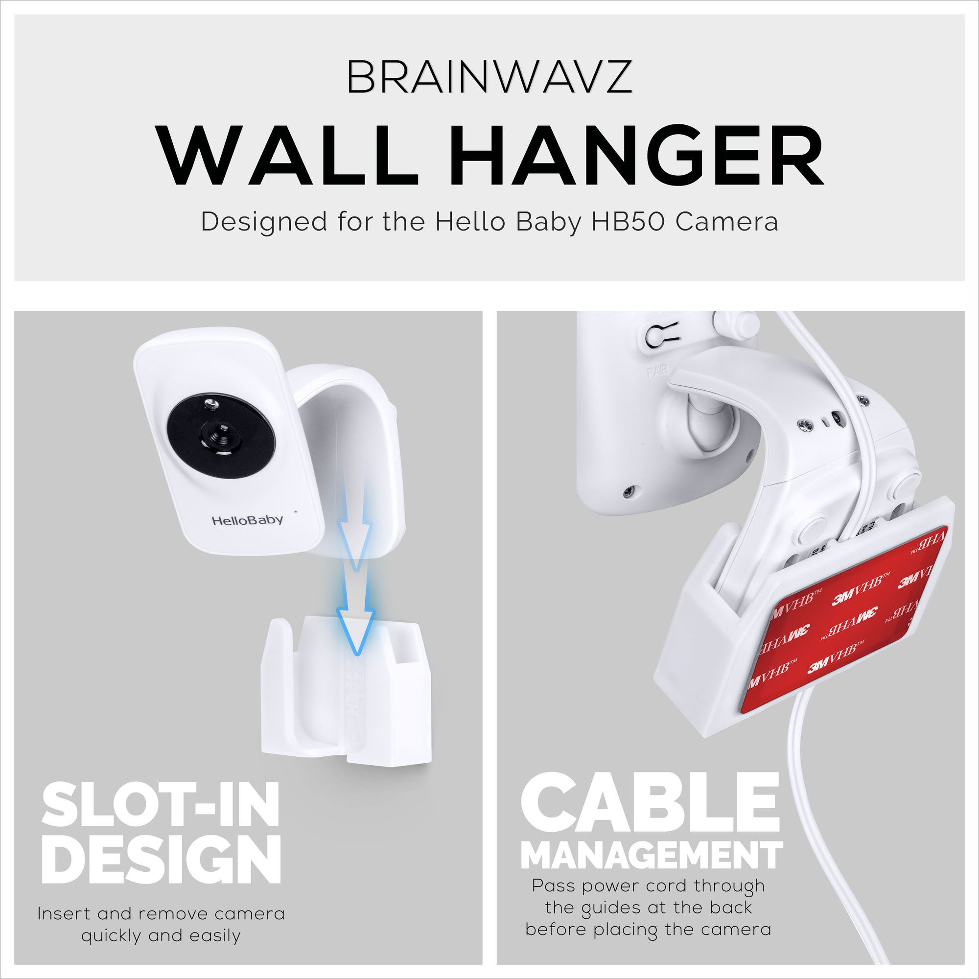 Wall Mount For HB50, (2 Pack), Adhesive Holder for Hello Baby Monitor Camera Installs in Minutes, No Mess Hanger Bracket