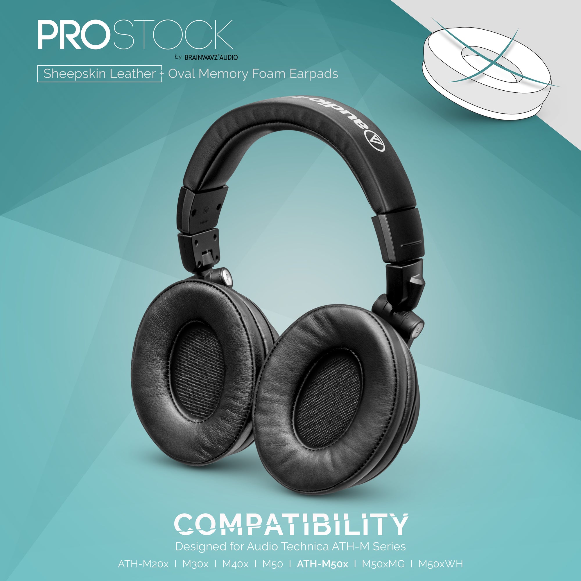 ProStock ATH M50X &amp; M Series Replacement Earpads - Custom Designed Shape with Memory Foam - Sheepskin Leather