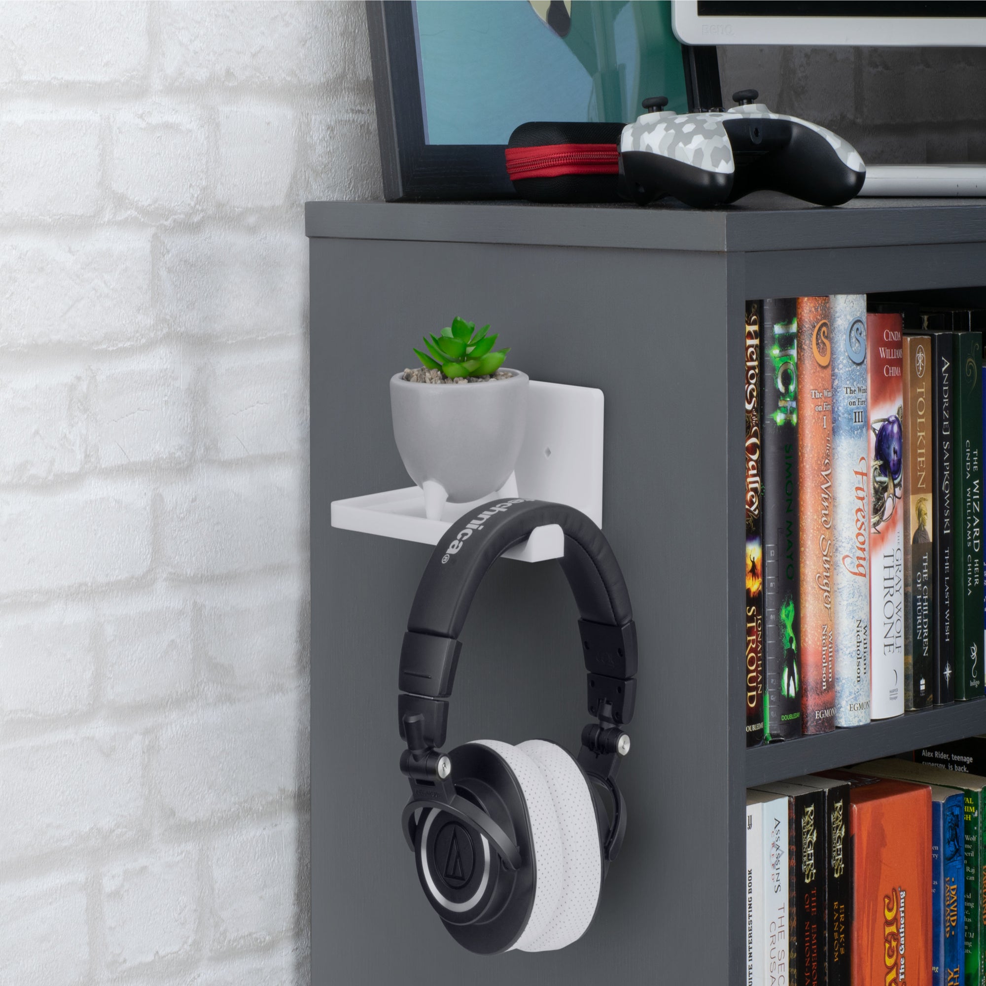 5” Small Floating Shelf with Headphone Hanger, Adhesive &amp; Screw In, For Bluetooth Speakers, Cameras, Plants, Toys, Books &amp; More By Brainwavz (RF2105-HP, White)