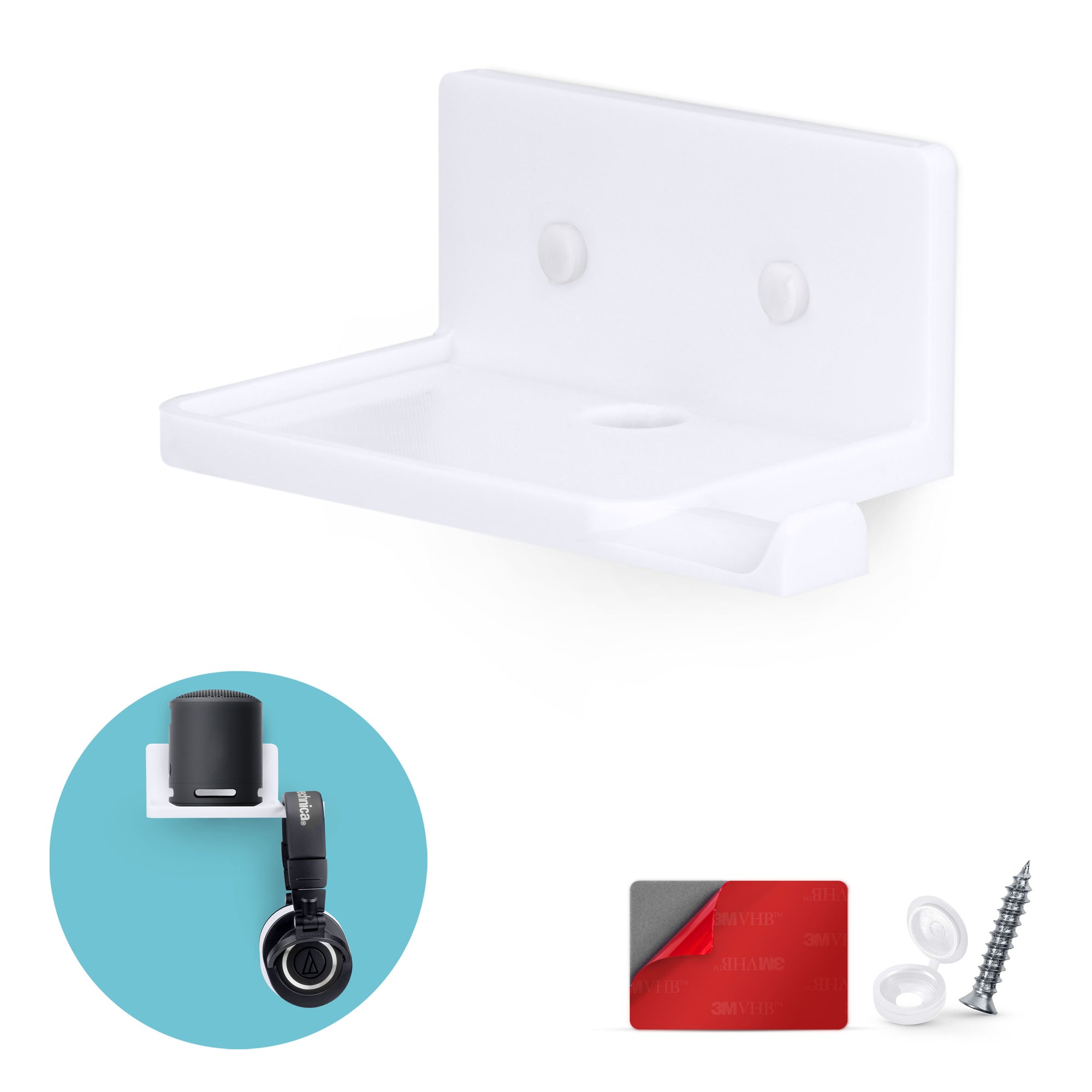 5” Small Floating Shelf with Headphone Hanger, Adhesive & Screw In, For Bluetooth Speakers, Cameras, Plants, Toys, Books & More By Brainwavz (RF2105-HP, White)