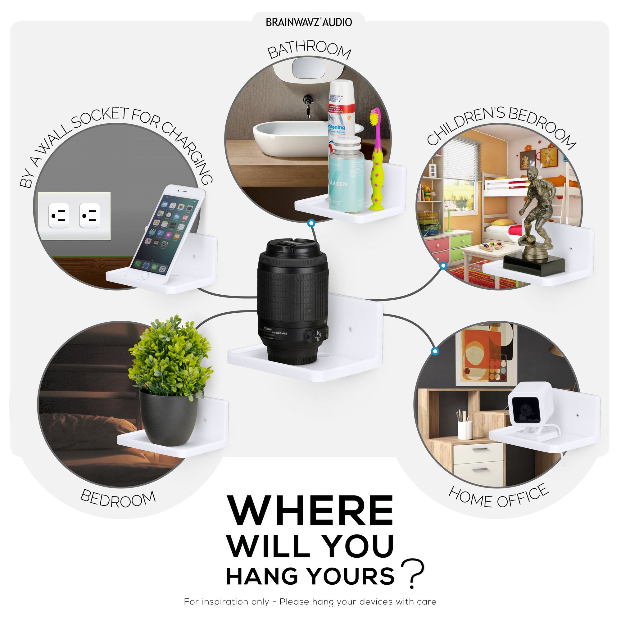 5” Small Floating Shelf, Adhesive &amp; Screw In, For Bluetooth Speakers, Cameras, Plants, Toys, Books &amp; More, Easy to Install Shelves (SHELF RF2105, White)