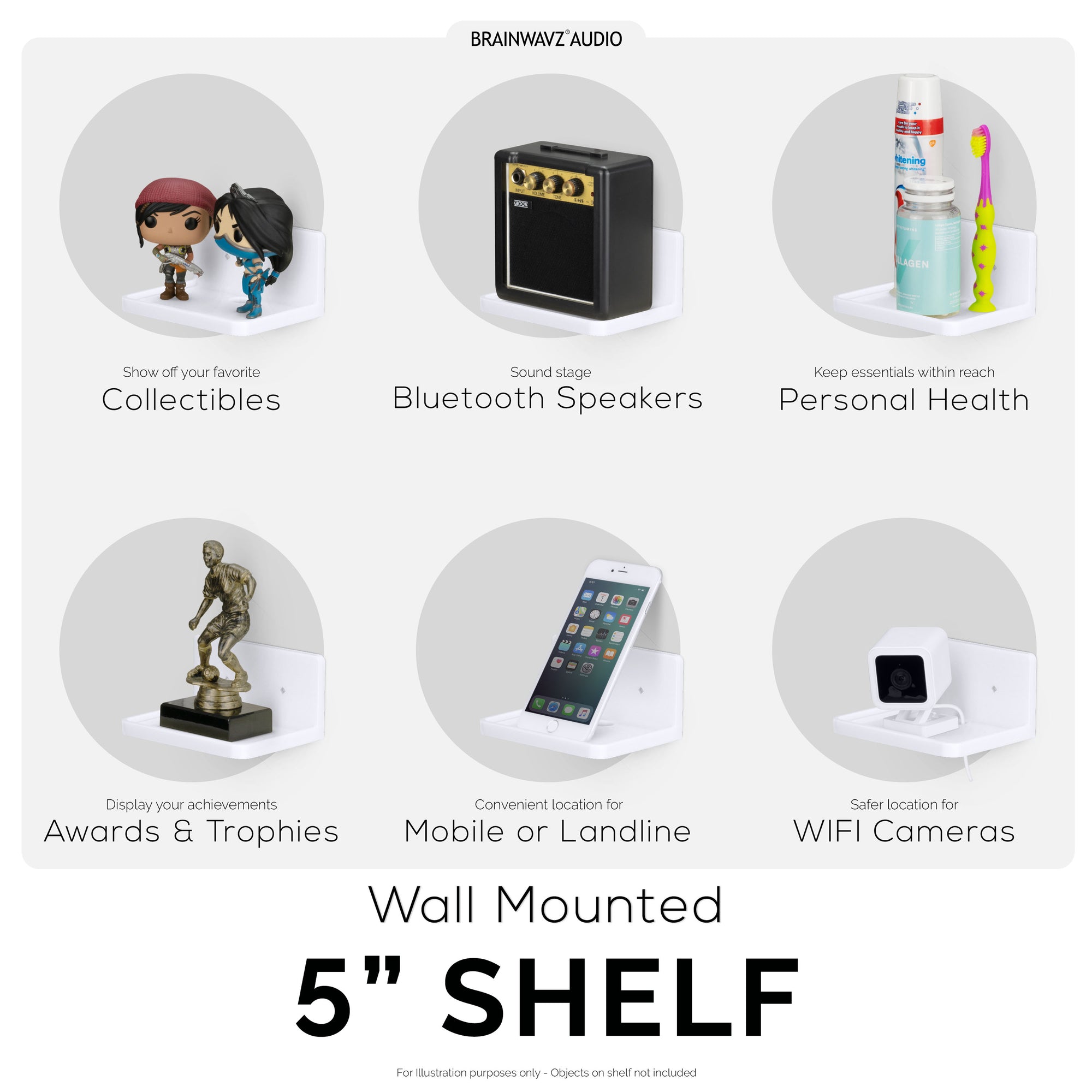 5” Small Floating Shelf, Adhesive &amp; Screw In, For Bluetooth Speakers, Cameras, Plants, Toys, Books &amp; More, Easy to Install Shelves (SHELF RF2105, White)