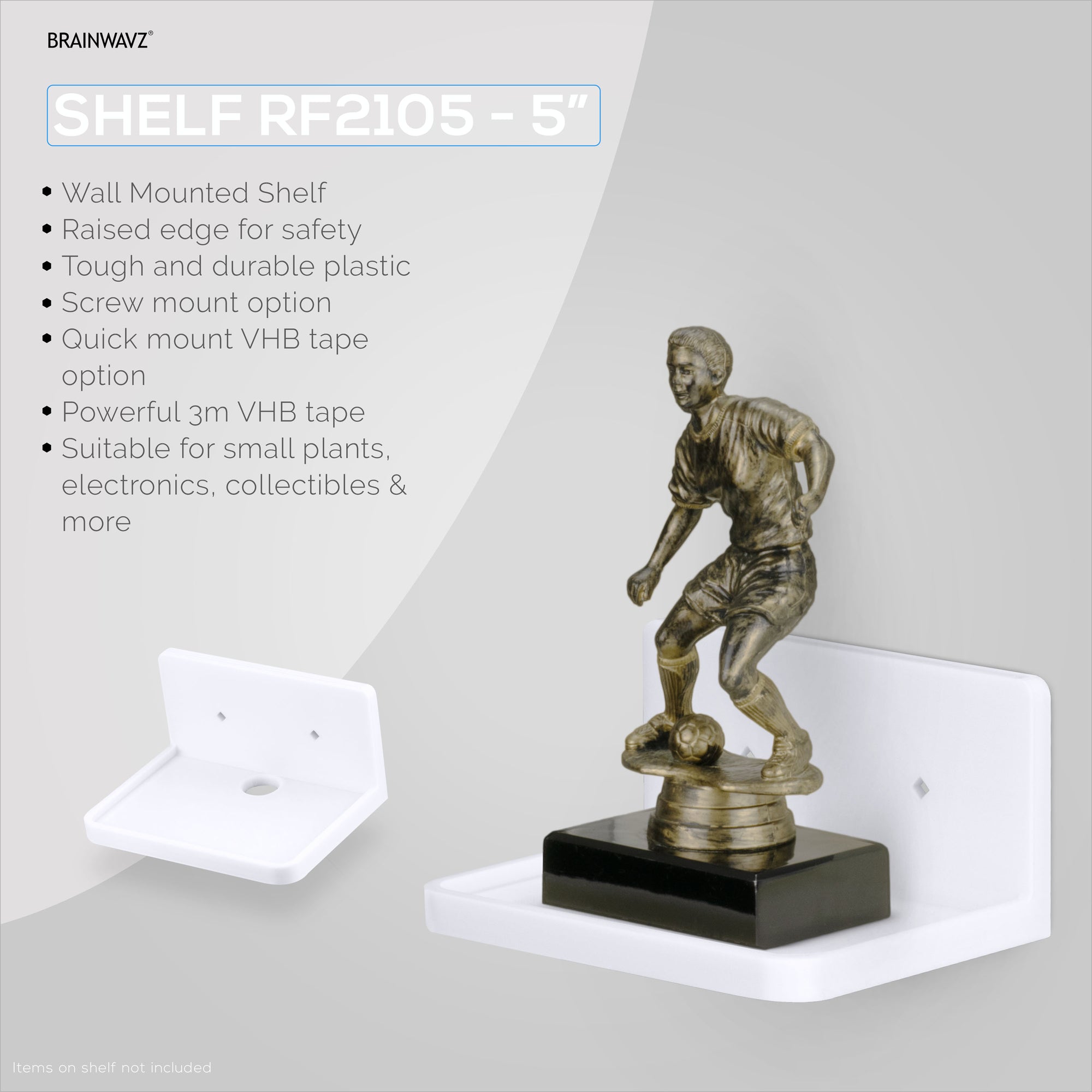 5” Small Floating Shelf, Adhesive &amp; Screw In, For Bluetooth Speakers, Cameras, Plants, Toys, Books &amp; More, Easy to Install Shelves (SHELF RF2105, White)