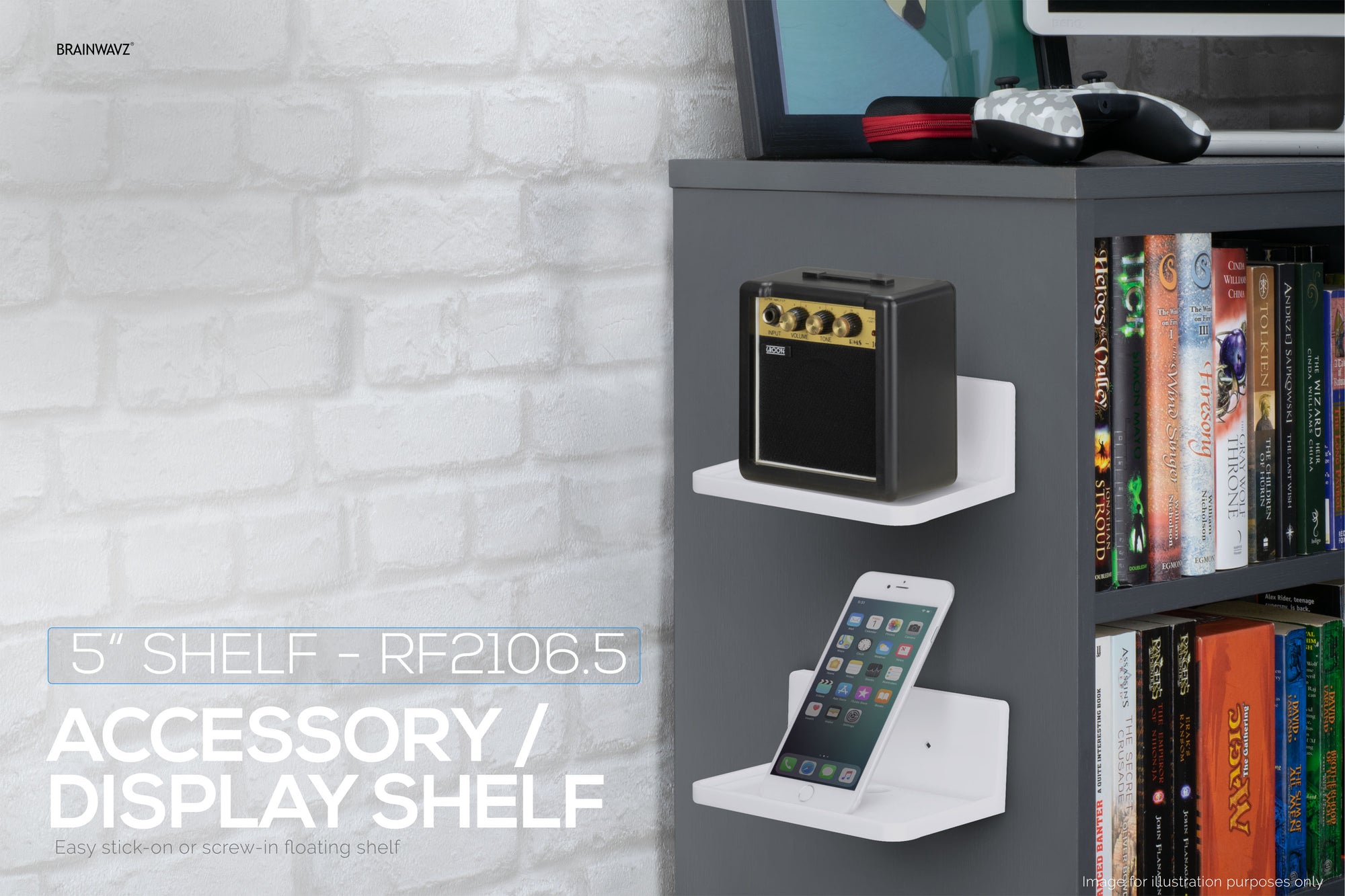 6.5” Small Floating Shelf, Adhesive &amp; Screw In, for Bluetooth Speakers, Cameras, Plants, Toys &amp; More, Universal Holder, Easy to Install (SHELF RF2106.5, White)