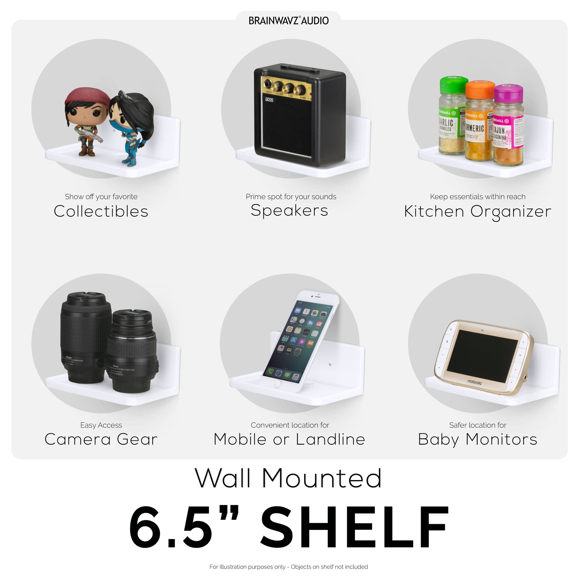 6.5” Small Floating Shelf, Adhesive & Screw In, for Bluetooth Speakers