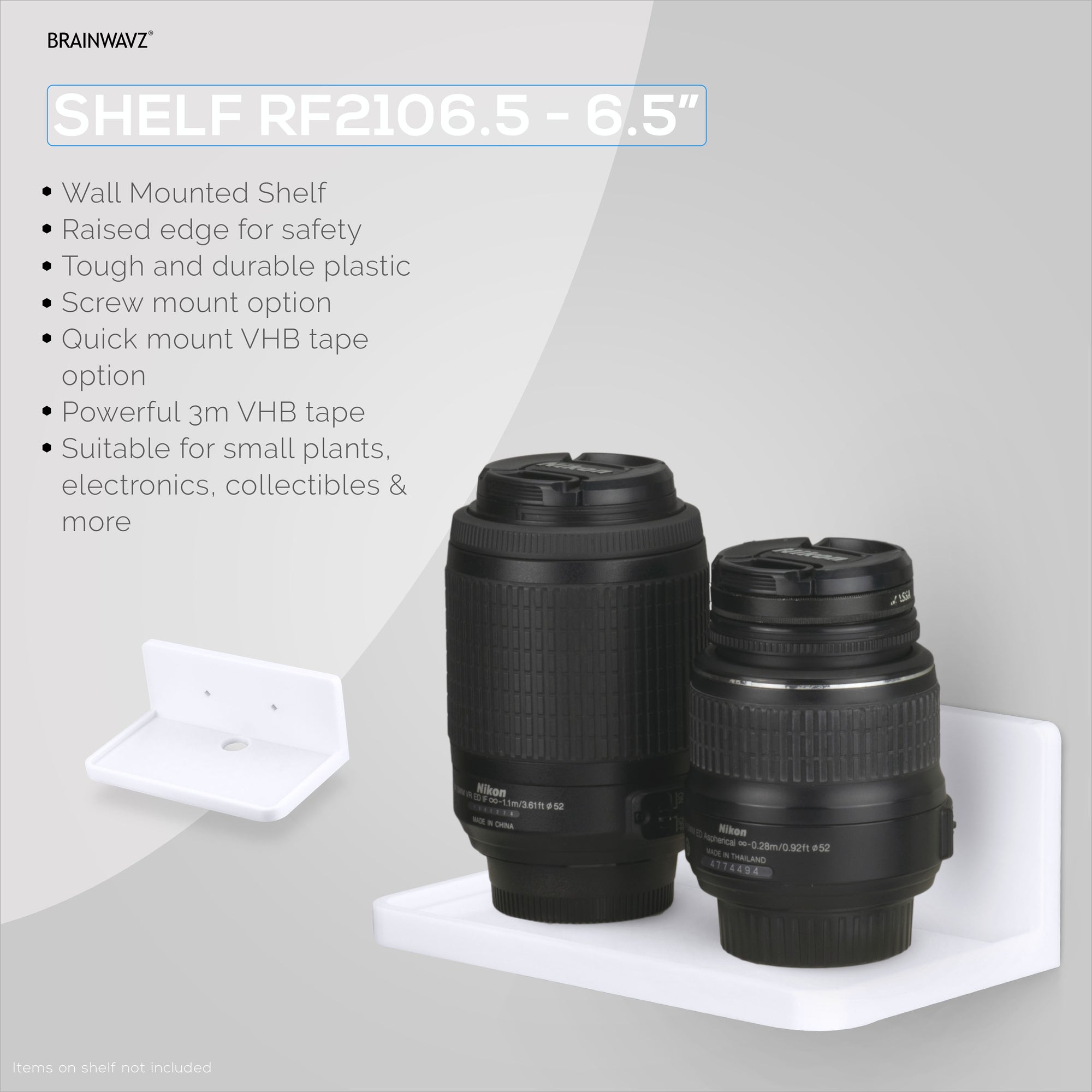 6.5” Small Floating Shelf, Adhesive &amp; Screw In, for Bluetooth Speakers, Cameras, Plants, Toys &amp; More, Universal Holder, Easy to Install (SHELF RF2106.5, White)