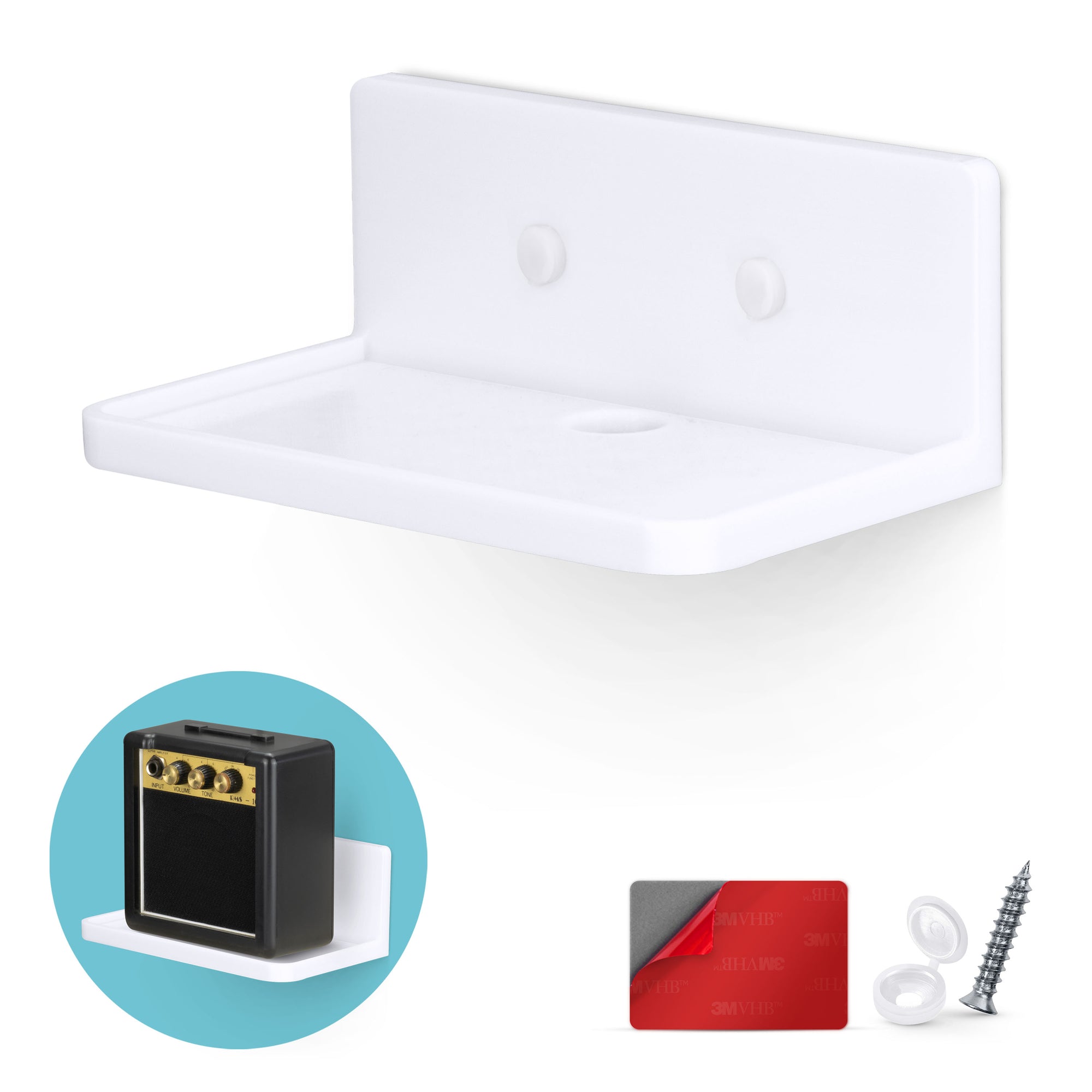 6.5” Small Floating Shelf, Adhesive & Screw In, for Bluetooth Speakers, Cameras, Plants, Toys & More, Universal Holder, Easy to Install (SHELF RF2106.5, White)