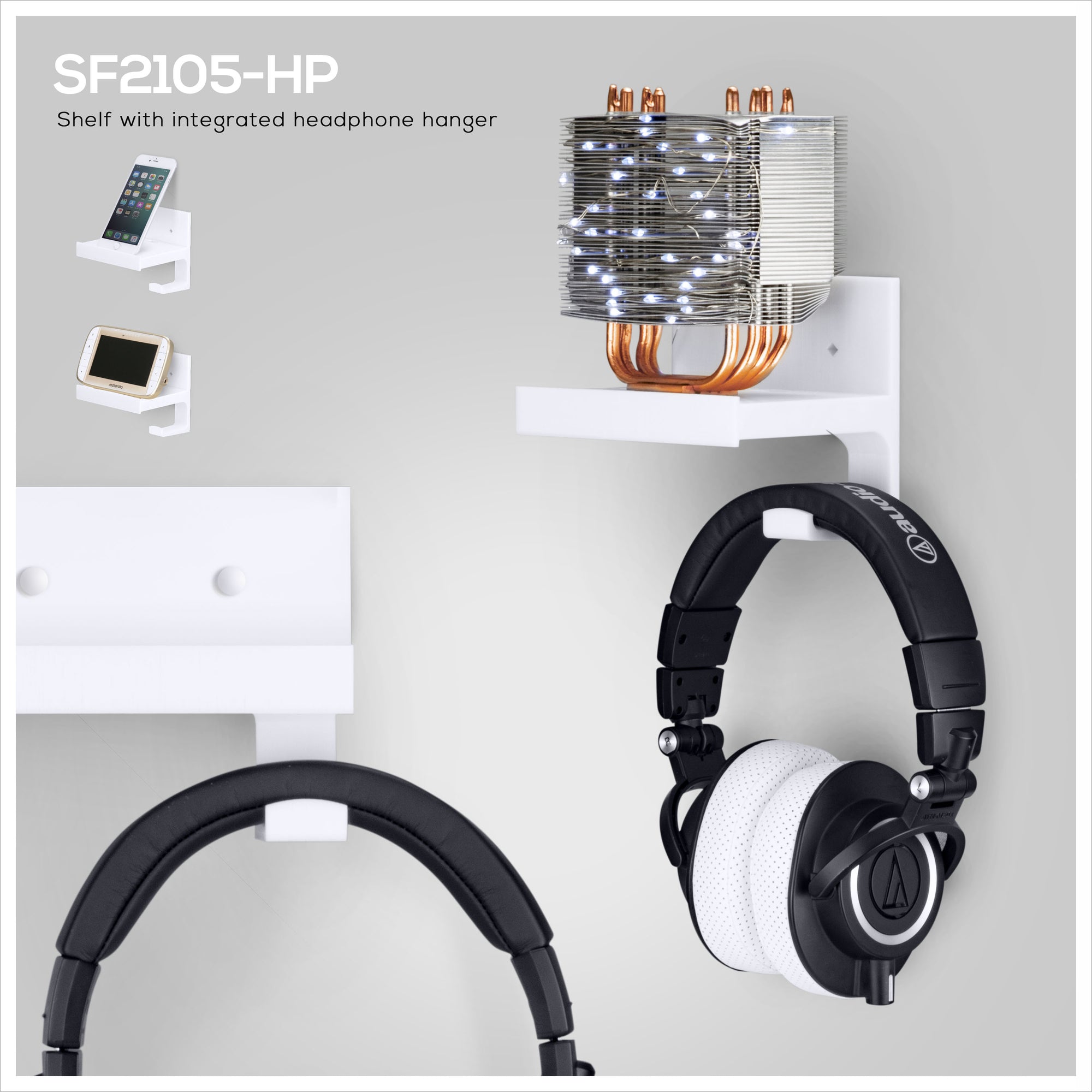 5&quot; Small Floating Shelf With Headphone Hanger, Adhesive &amp; Screw In, For Bluetooth Speakers, Cameras, Plants, Toys &amp; More, Easy to Install (SF2105-HP, White)