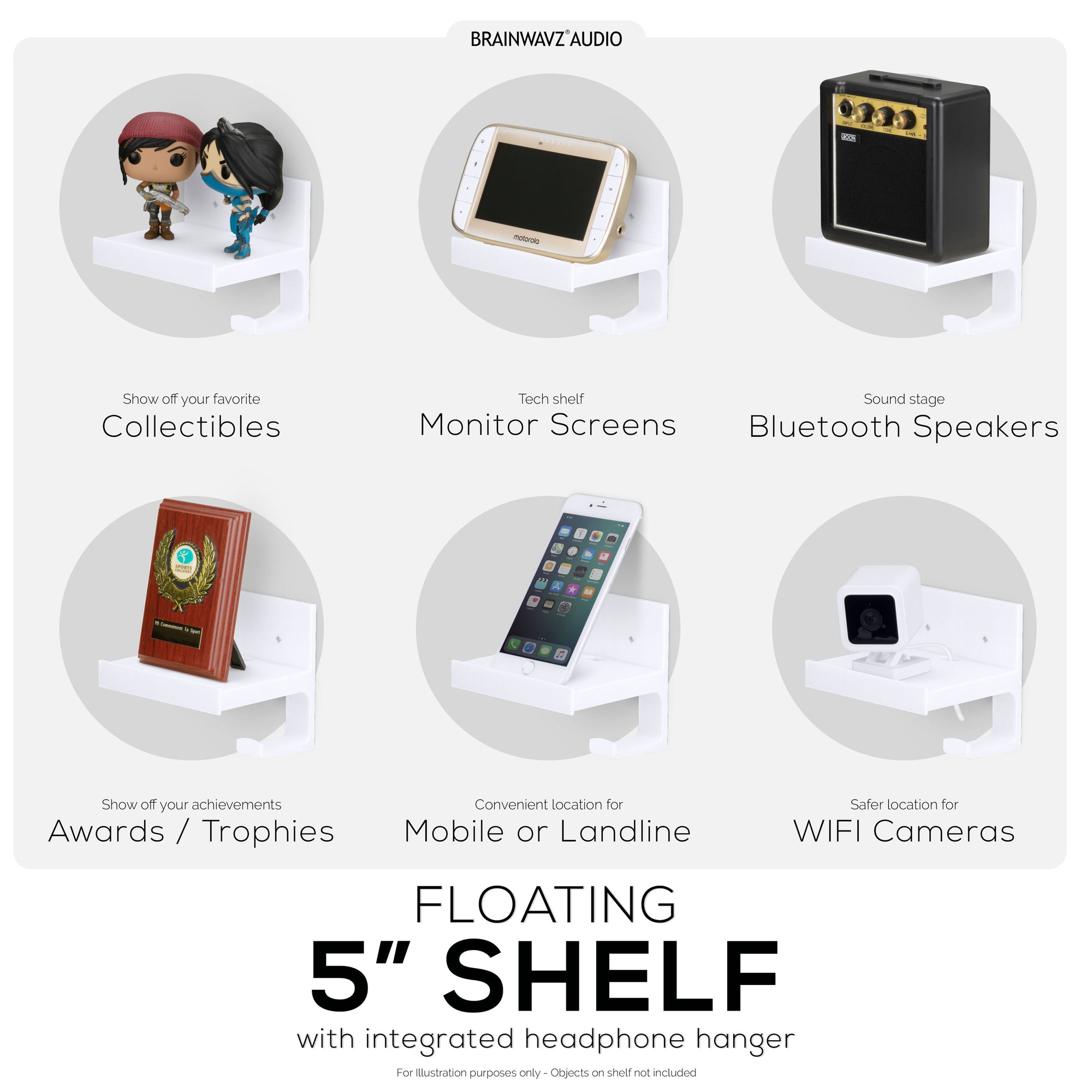 5&quot; Small Floating Shelf With Headphone Hanger, Adhesive &amp; Screw In, For Bluetooth Speakers, Cameras, Plants, Toys &amp; More, Easy to Install (SF2105-HP, White)