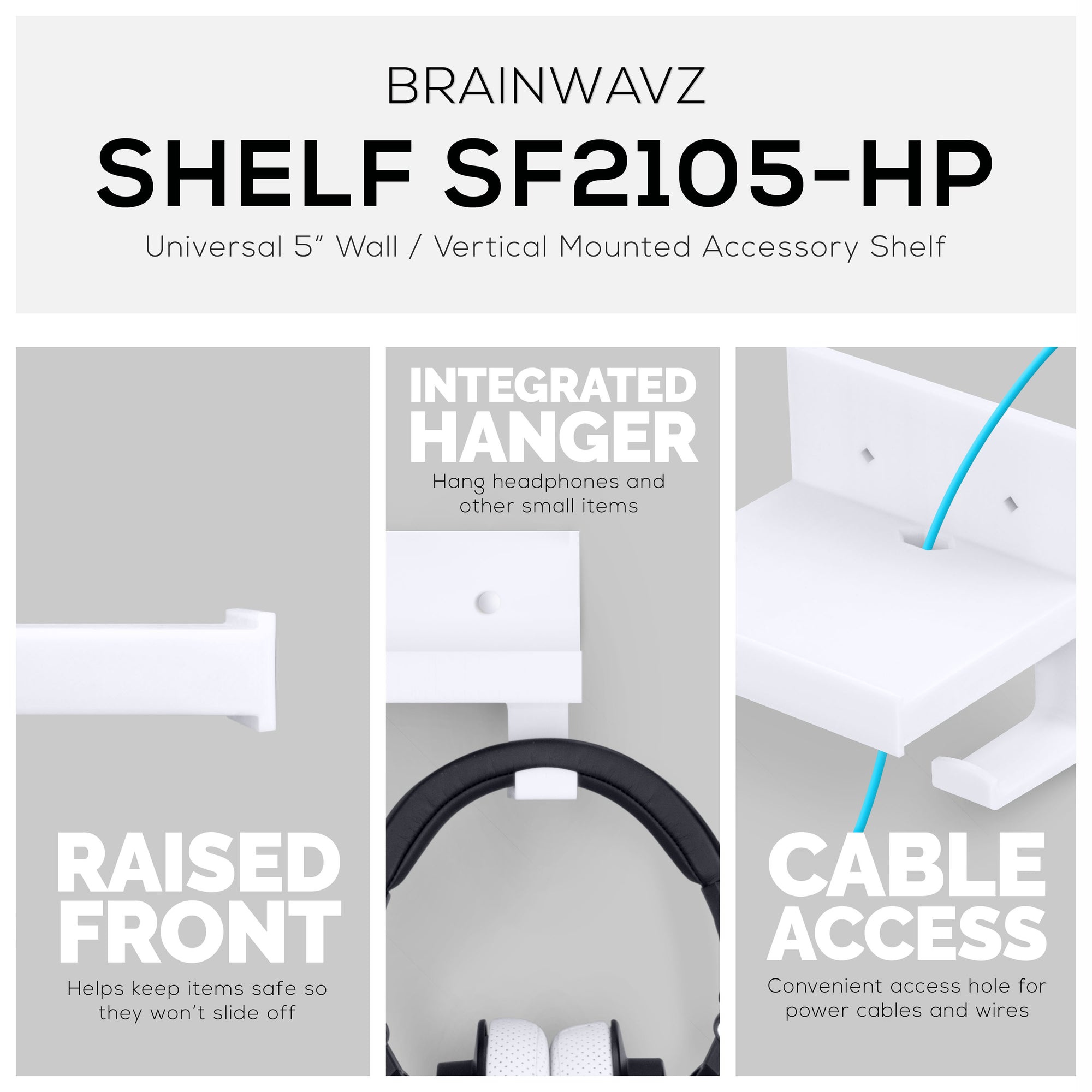 5&quot; Small Floating Shelf With Headphone Hanger, Adhesive &amp; Screw In, For Bluetooth Speakers, Cameras, Plants, Toys &amp; More, Easy to Install (SF2105-HP, White)
