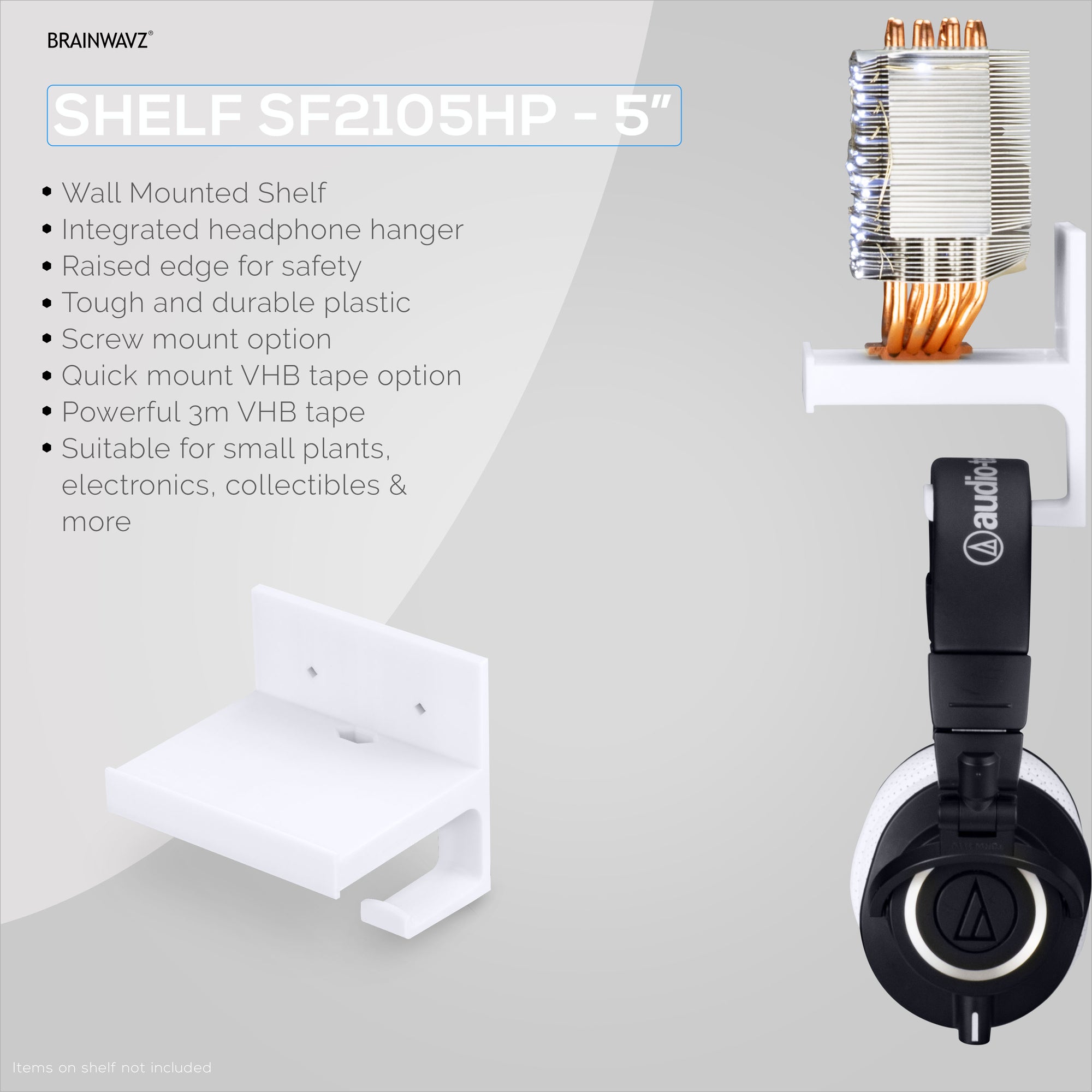 5&quot; Small Floating Shelf With Headphone Hanger, Adhesive &amp; Screw In, For Bluetooth Speakers, Cameras, Plants, Toys &amp; More, Easy to Install (SF2105-HP, White)