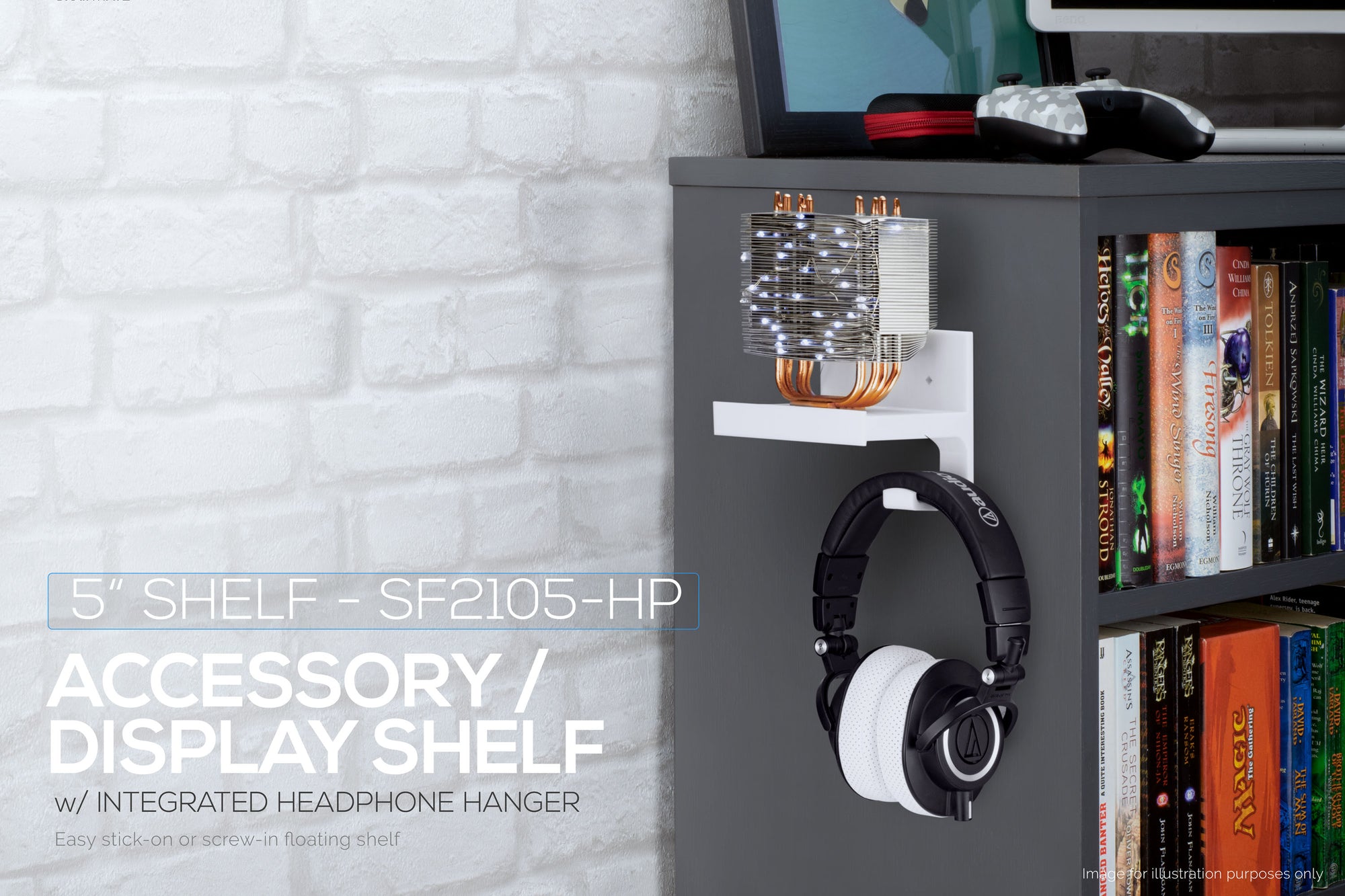 5&quot; Small Floating Shelf With Headphone Hanger, Adhesive &amp; Screw In, For Bluetooth Speakers, Cameras, Plants, Toys &amp; More, Easy to Install (SF2105-HP, White)