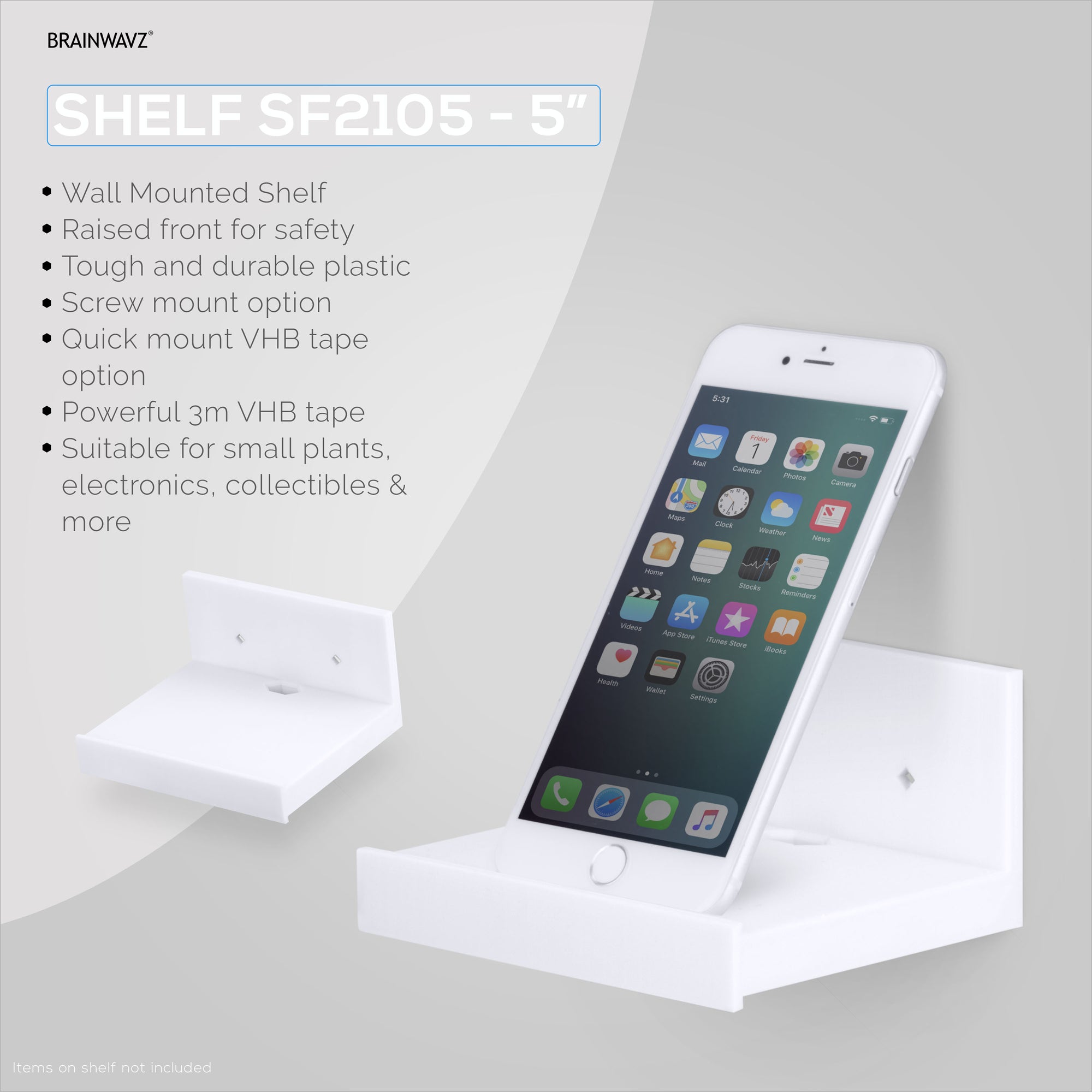 5” Small Floating Shelf, Adhesive &amp; Screw In, For Bluetooth Speakers, Cameras, Plants, Toys, Books &amp; More, Easy to Install Shelves (SHELF SF2105, White)