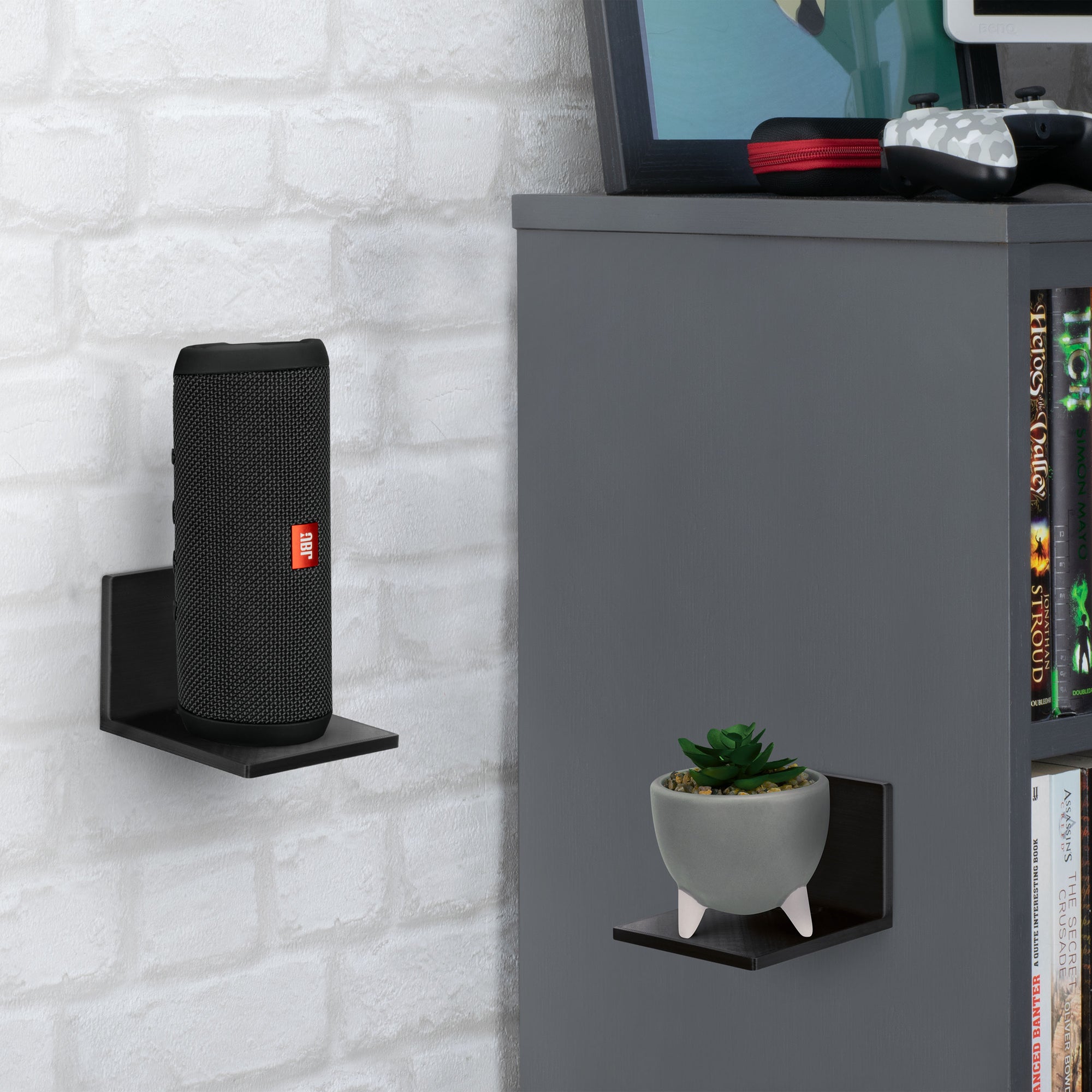 3.5” Small Floating Shelf Speaker &amp; Camera Stand, Self Adhesive, No Screws Wall Mount For Cameras Baby Monitors Webcams