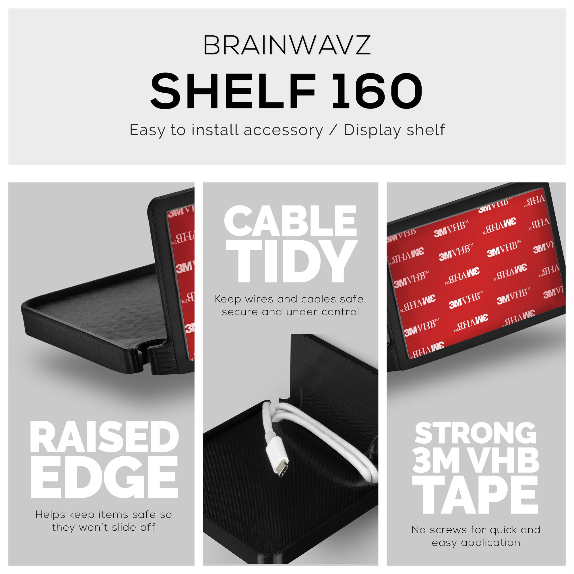 Adhesive Floating Small Shelf (160) Wall Mounted with Cable Management - Easy To Install, No Mess