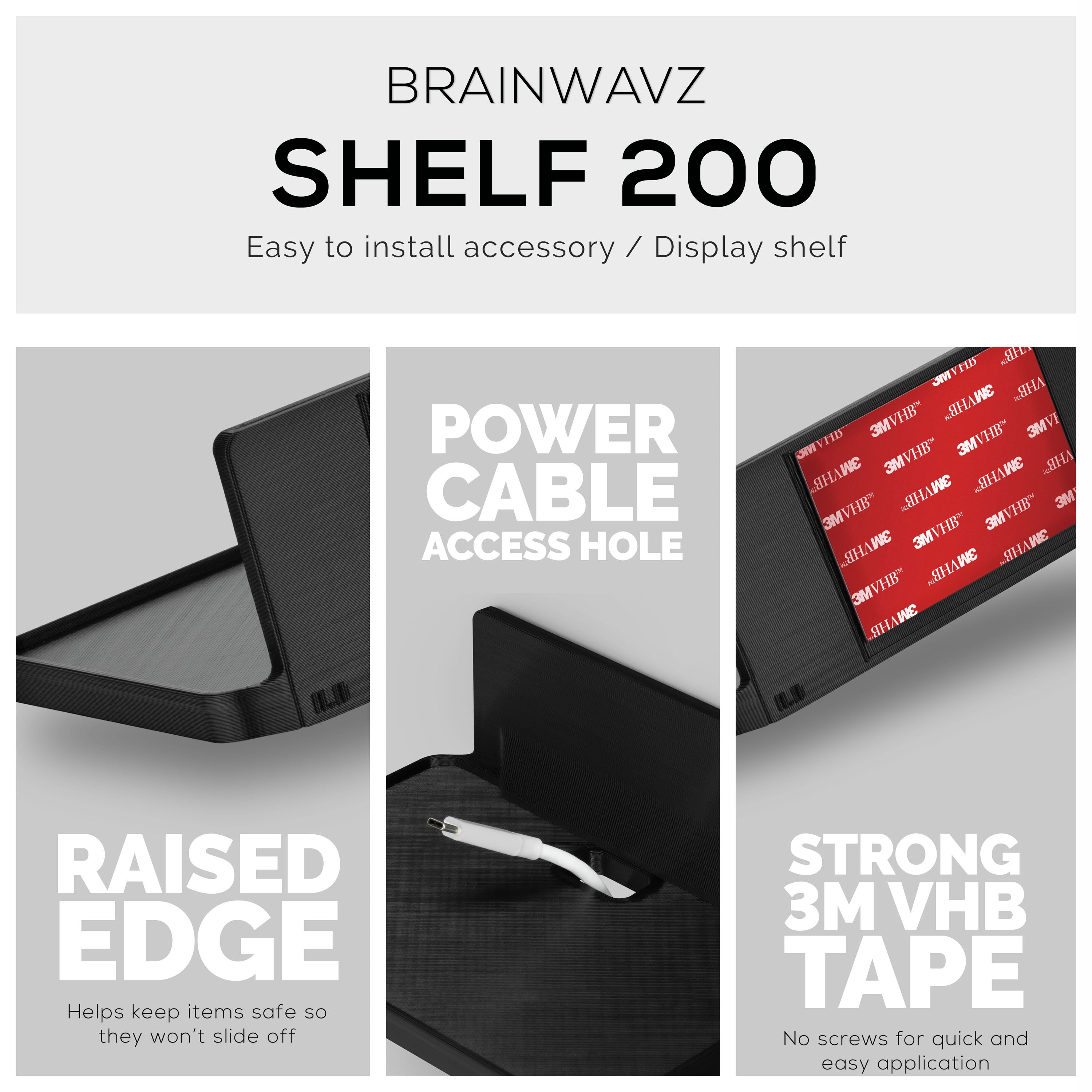 6.7 Wide Floating Adhesive Shelf (200) w/ Cable Access for Cameras, B -  Brainwavz Audio