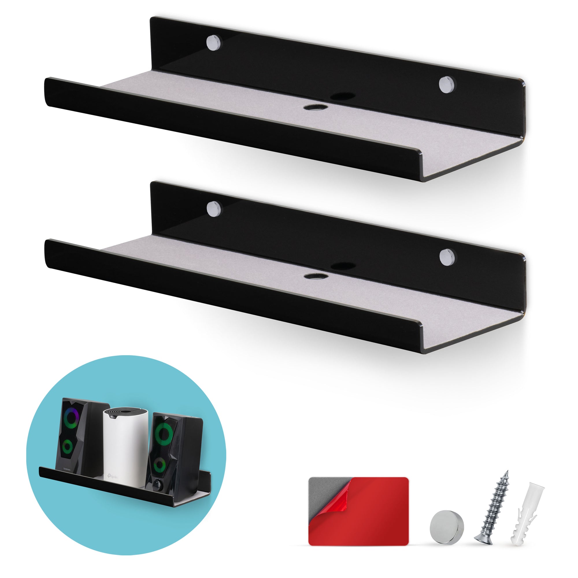 2-Pack 15" Floating Acrylic Wall Shelf for Speakers, Books, Decor, Plants, Cameras, Photos, Kitchen, Bathroom, Routers & More Universal Small Holder Shelves
