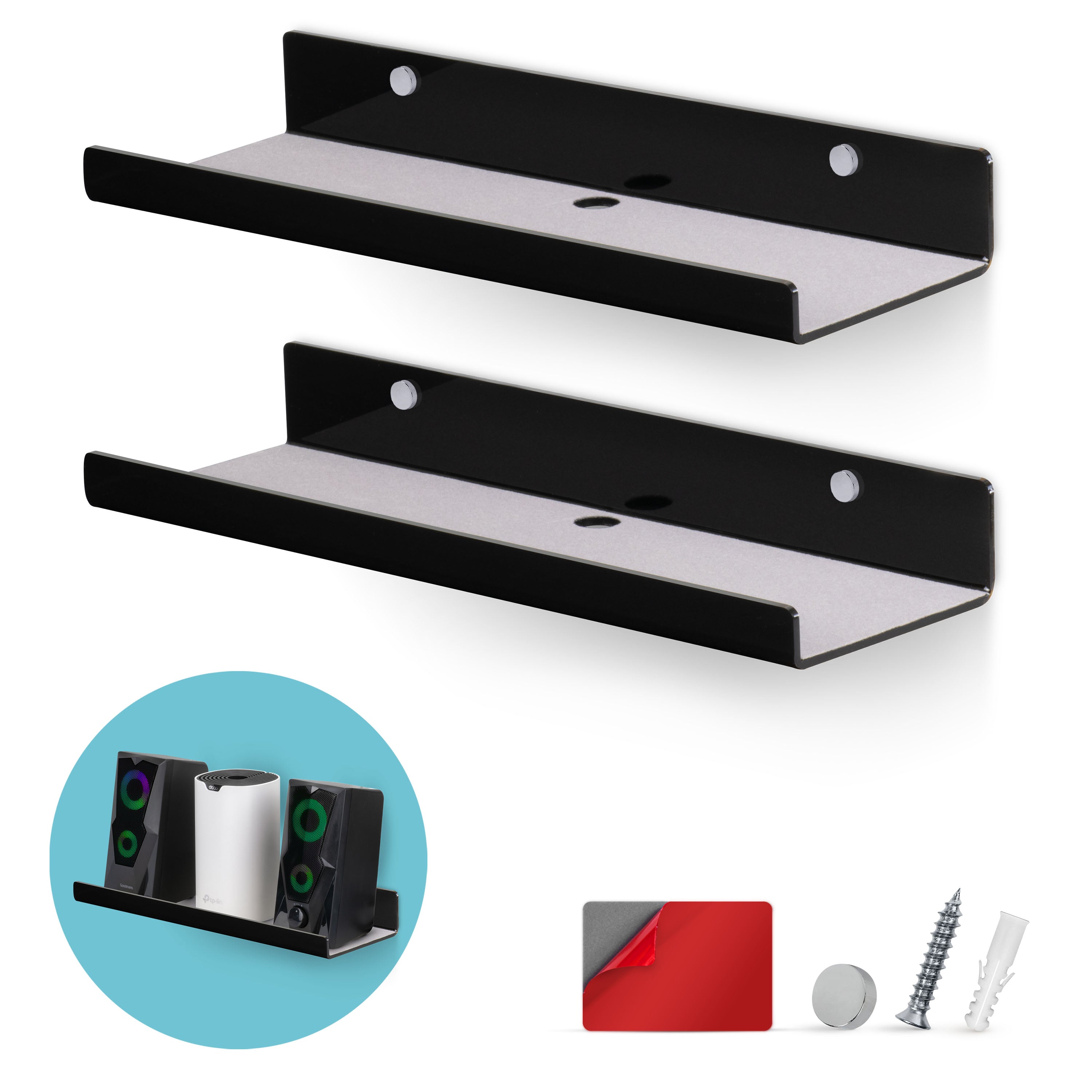 Clear Acrylic Floating Wall Shelves, Two Pack, 15 Inch Wall Bookshelf