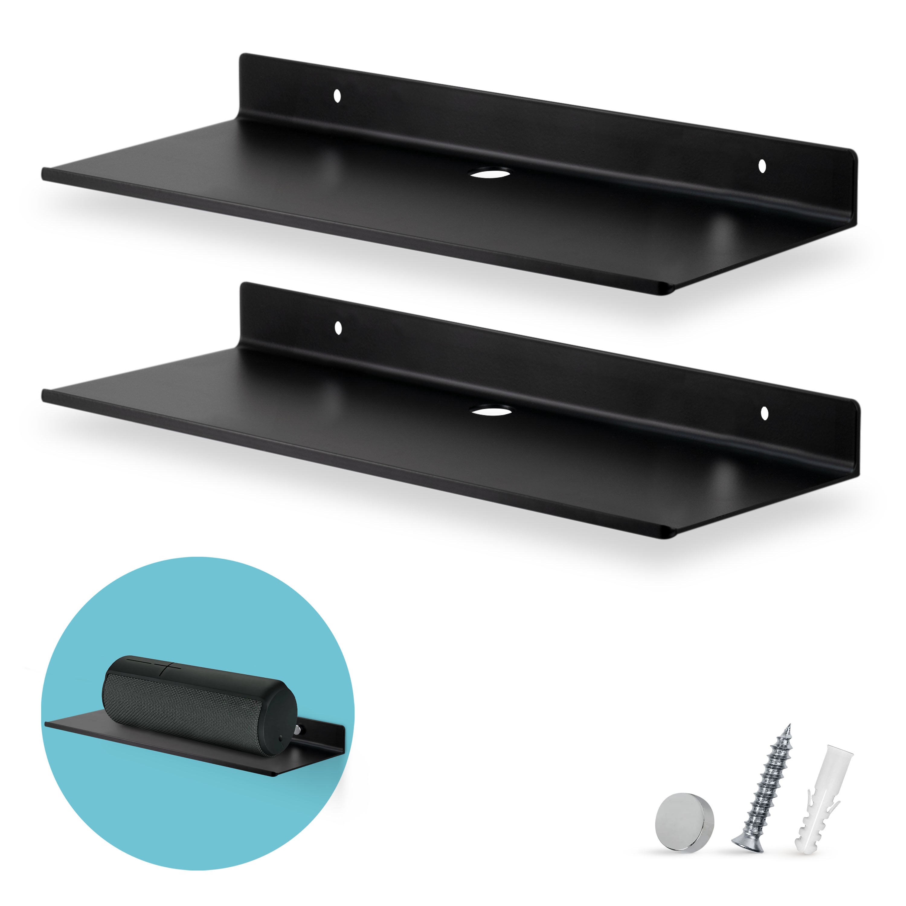 Brainwavz 2-Pack 9” Floating Shelf Bluetooth Speaker Stand, Adhesive & Screw Wall Mount, Anti Slip, for Cameras, Baby Monitors, Webcam, Router, Wide