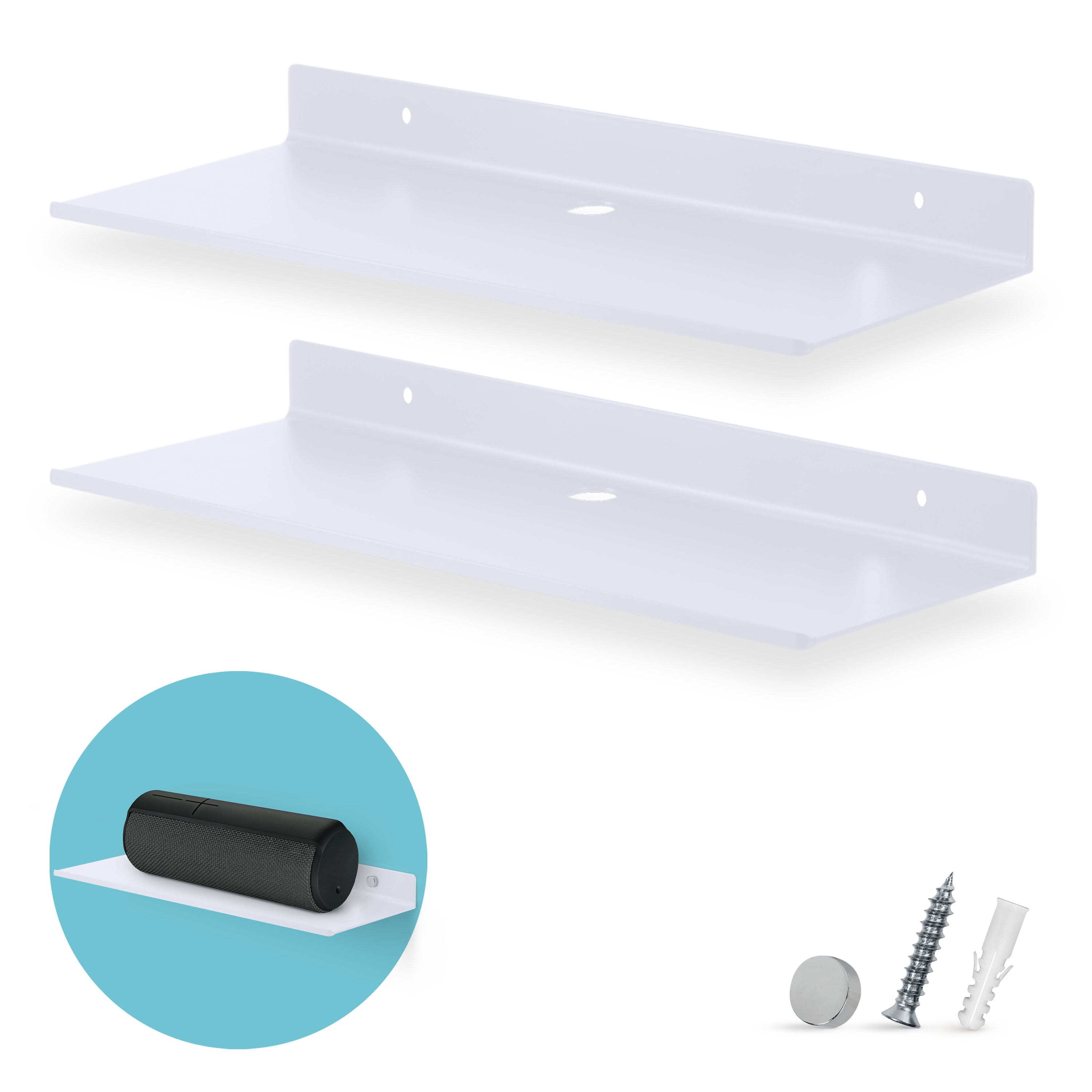 Brainwavz 2-Pack 9” Floating Shelf Bluetooth Speaker Stand, Adhesive & Screw Wall Mount, Anti Slip, for Cameras, Baby Monitors, Webcam, Router, Wide