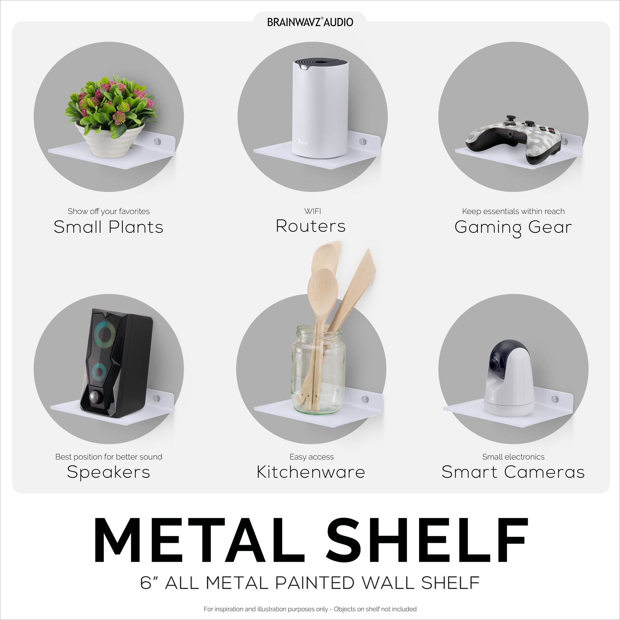 2-Pack 6&quot; Floating Metal Wall Shelf for Speakers, Books, Decor, Plants, Cameras, Photos, Kitchen, Toilet, Routers &amp; More Universal Small Holder Shelves