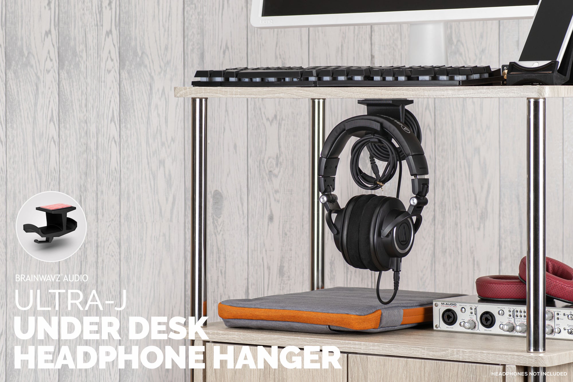 Ultra-J: Under Desk Headphone Hanger Holder with Cable Hook