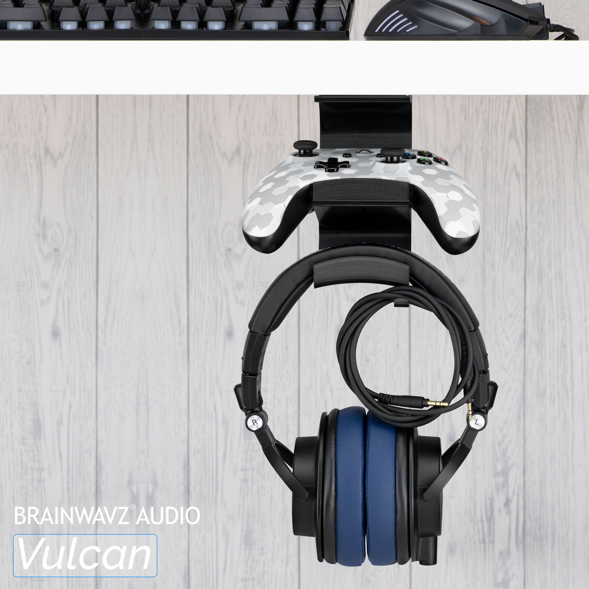 The Vulcan - Under Desk Controller &amp; Headphone Hanger - Adhesive Mount, No Screws or Mess
