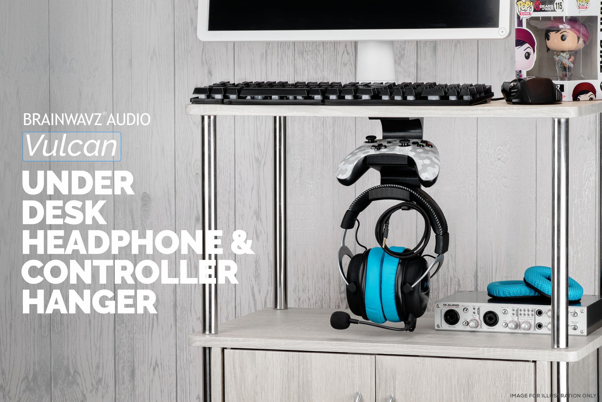 The Vulcan - Under Desk Controller &amp; Headphone Hanger - Adhesive Mount, No Screws or Mess