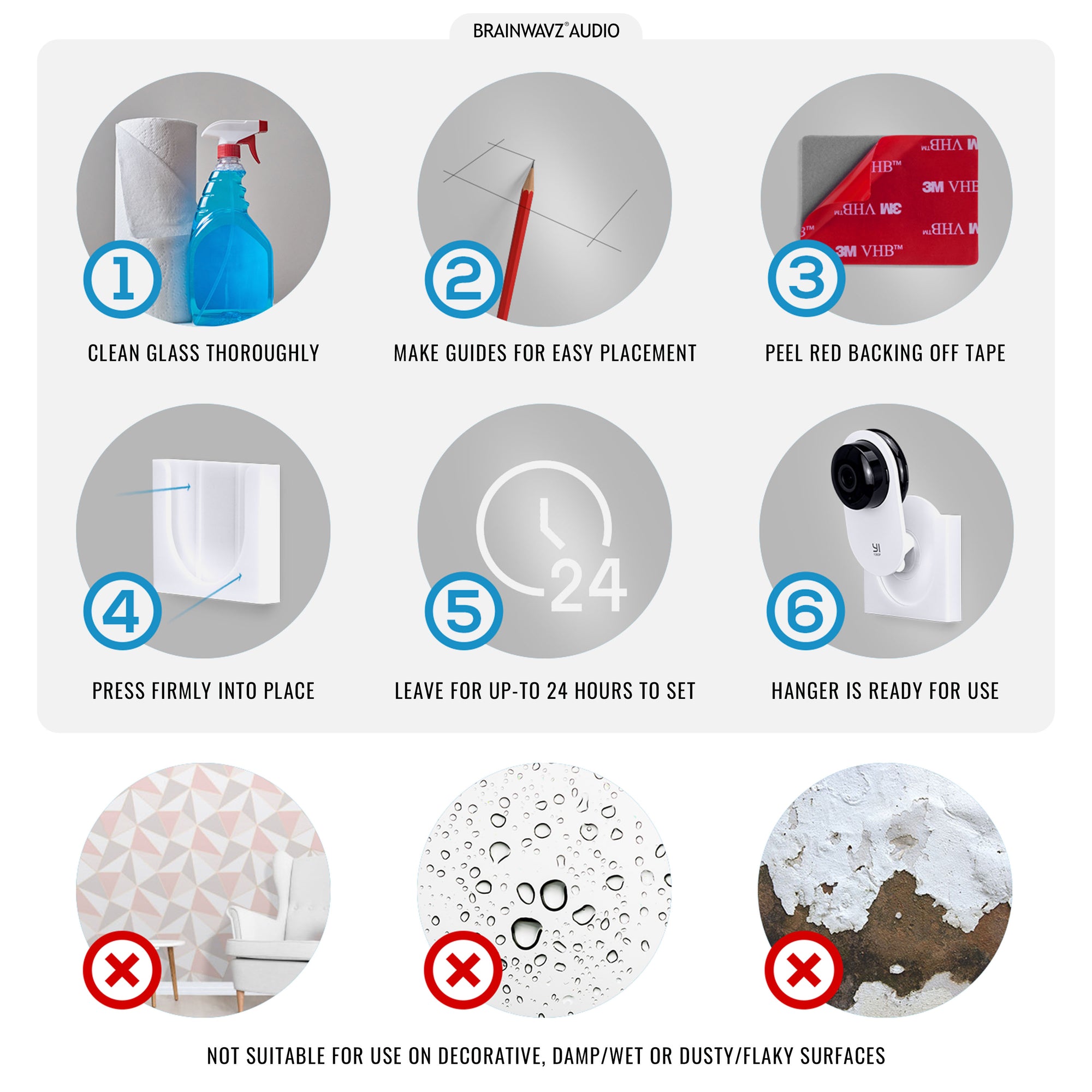 Wall Mount For YI Home (3 Pack) Security Camera - Adhesive Holder, No Hassle Bracket, Strong 3M VHB Tape, No Screws, No Mess Install (White)